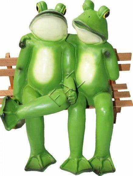 Two green matte frogs resting on a bench decorative sculpture 30x25cm c653