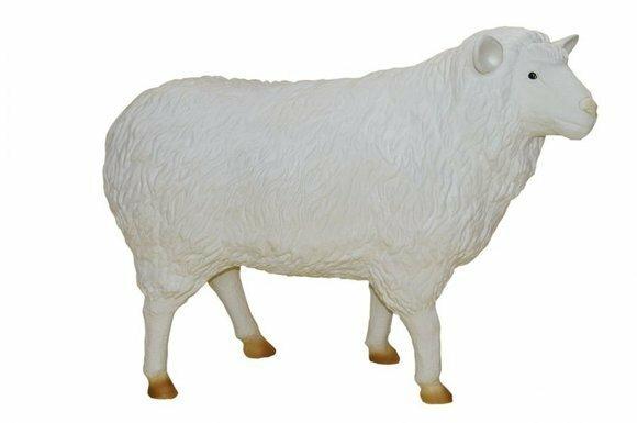 Massive garden decorative sculpture designed as full white colored shaggy sheep 85x115x45cm