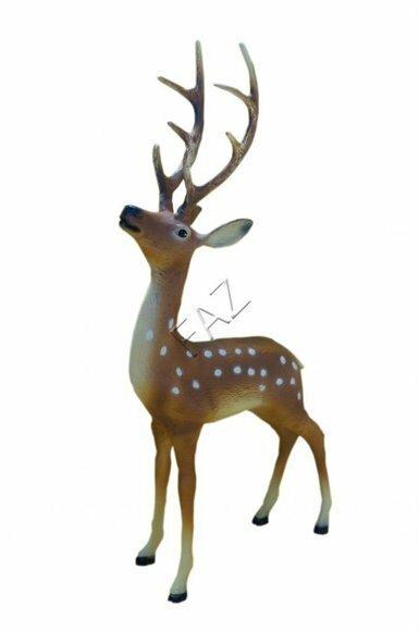 Decorative sculpture designed as motley brown white colored looking up deer with massive horns 86x43cm