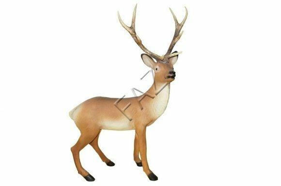 Decorative sculpture designed as bright light motley colored deer with massive horns