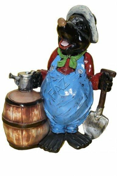 Decorative sculpture designed as gloss black colored mole with a watering can, barrel & shovel 78x61cm