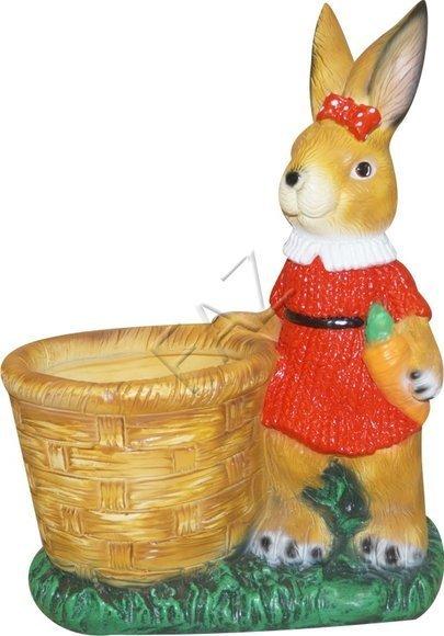 Light brown colored bunny in red dress with carrot & basket 43x30cm c792