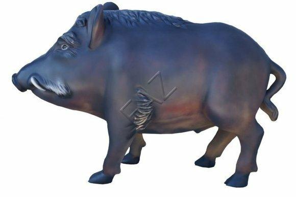 Decorative sculpture designed as gloss dark motley brown black colored wild boar