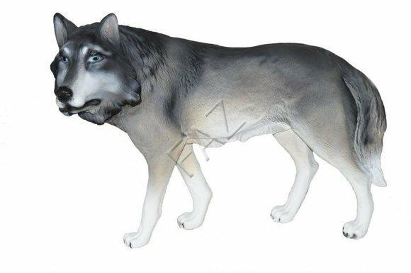 Motley grey white colored decorative garden sculpture designed as an wolf 60x85cm