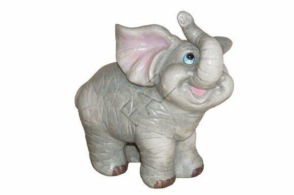 Gloss dark grey colored decorative garden sculpture designed as a happy cartoon elephant