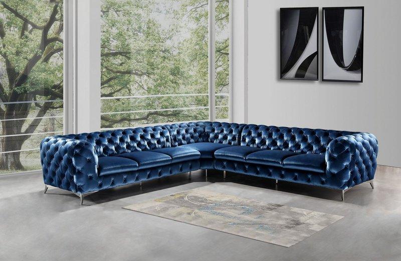 Chesterfield Corner Sofa L-Shaped Blue Textile Comfortable Living Room Couch New