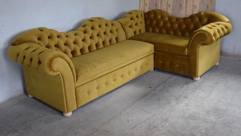 Modern Corner Sofa L-Shaped Chesterfield With Buttons Yellow Textile Comfortable Fabric New