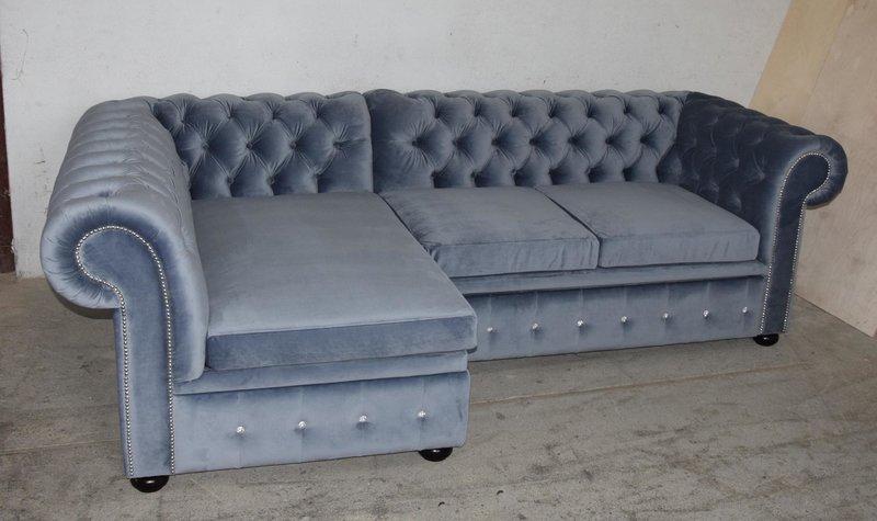 Corner Sofa L-Shape Chesterfield With Buttons Blue Textile / Leather Couch Minimalism Classic New