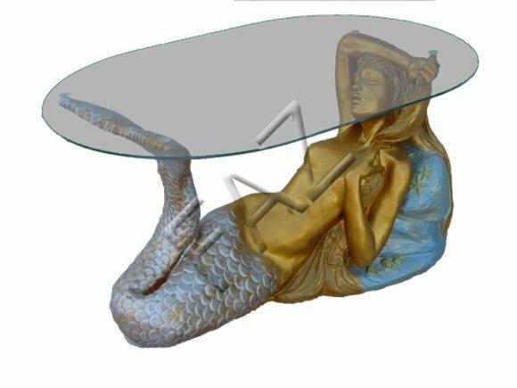 Glass coffee table with a mermaid colorful decorative sculpture 51cm