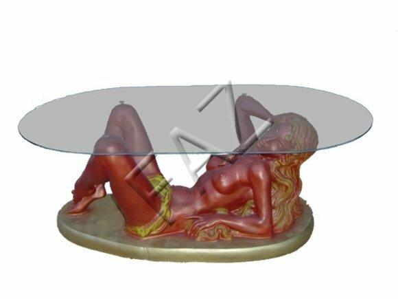 Glass coffee table with a semi-naked red colored decorative woman figure 40cm