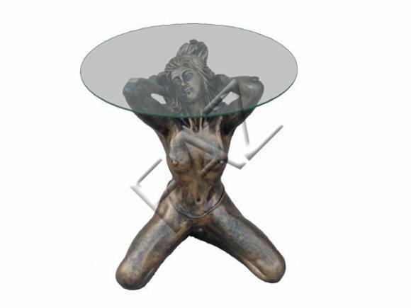 Round glass coffee table with a semi-naked decorative golden woman figure 55cm