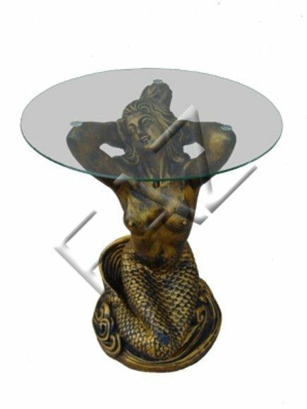 Round glass coffee table with a golden semi-naked mermaid figure 57cm