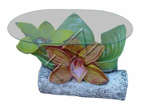 Oval glass coffee table with flowers decorative sculpture 60x90cm