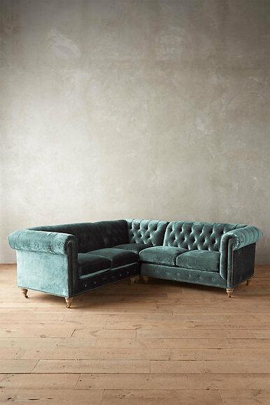 Chesterfield Classic Corner Sofa Green Velveteen Upholstered Couch L-Shaped New