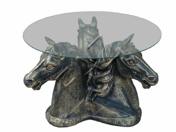 Round glass coffee table with decorative three head horses sculpture 50cm height