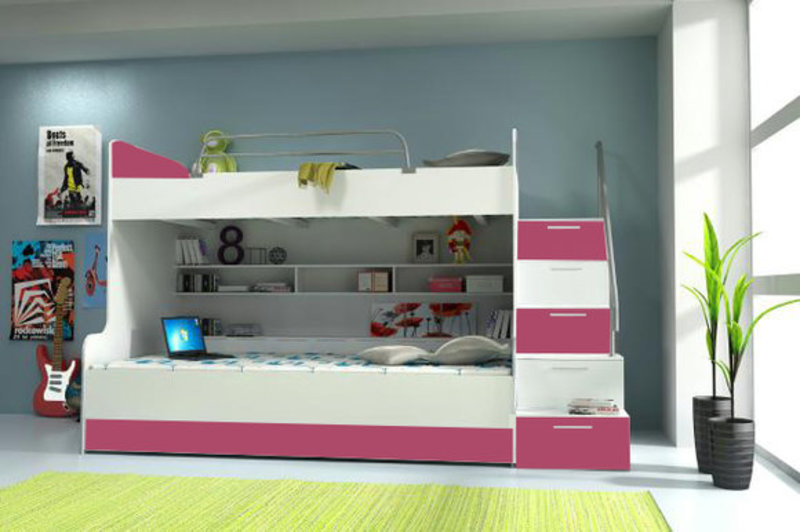 Bunk Bed Double Bunk Bed Beds B003 RAJ2 3-Piece Pink/White