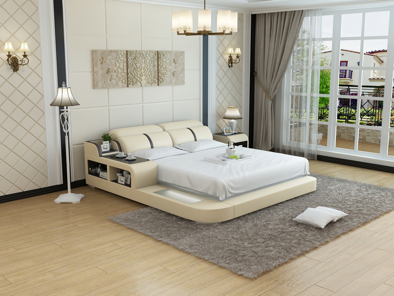 Multifunctional modern style designer marriage double bed made of real wooden frame leather upholstered model LB8821