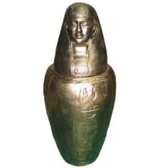 Golden colored decorative sculpture designed as an ancient egyptian canopic urn 46cm