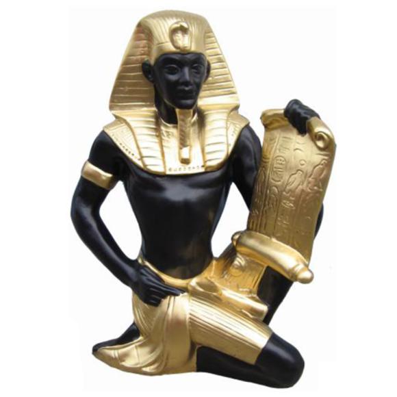 Ancient egyptian decorative sculpture designed as black gold colored sitting Ramses II 51 cm