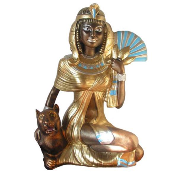 Ancient egyptian decorative sculpture designed as gloss golden sitting cleopatra with an animal 51cm