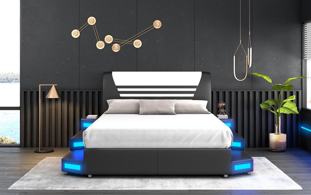 Luxury Led Illuminated Bedroom Bed Leather Bed 180x200 Furniture Beds