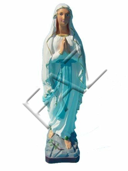 Decorative standing sculpture designed as praying holy mary in white blue dress