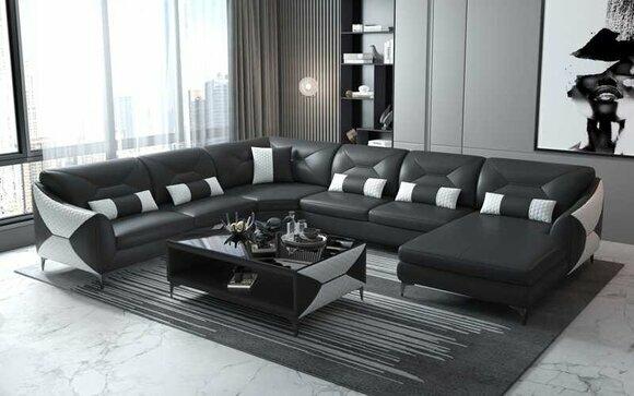 Large living area sofa U shape corner sofa leather sofa black artificial leather