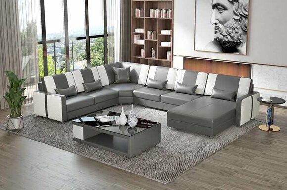 Large living area sofa corner sofa U shape grey faux leather XXL modern