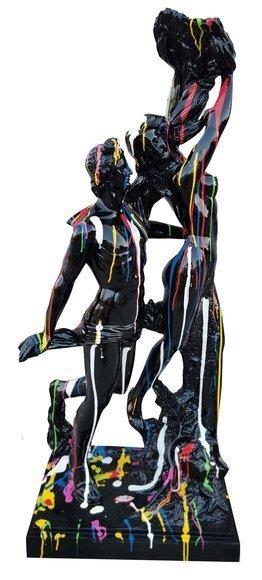 Black colored gloss decorative sculpture designed as man & woman figures in colorful stripes 130cm R65B