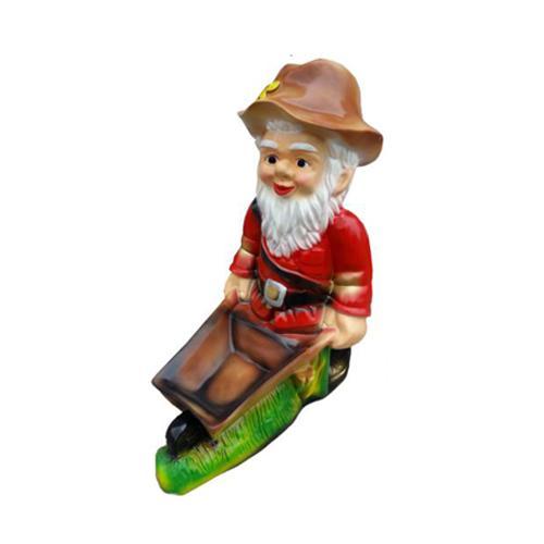 Colorful decorative sculpture designed as a dwarf carrying rectangular wooden wheelbarrow 75cm K18