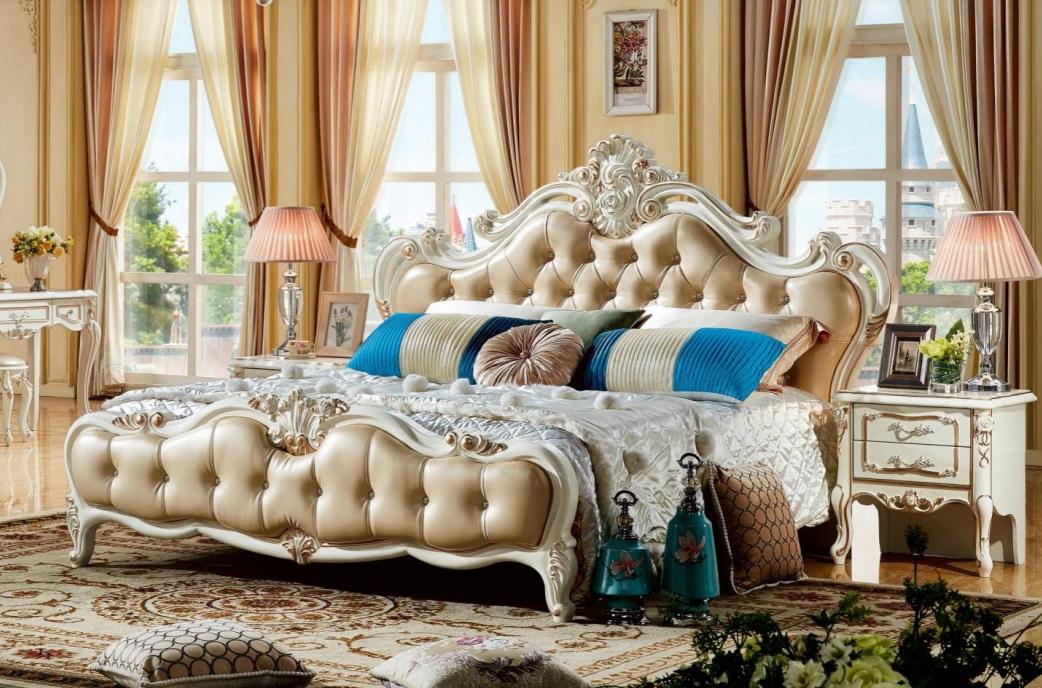 Baroque Bedroom 3pcs Set Bed + 2x Consoles Side Table Beds