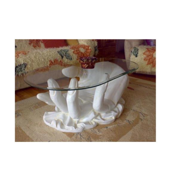 Oval glass coffee table decorated with white colored hand figure 120x50x45cm