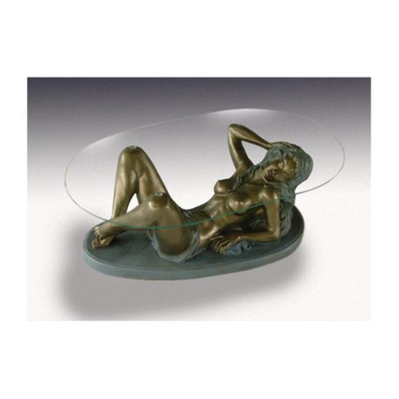 Oval glass coffee table decoration with semi-naked bronze woman figure 120x50x45cm