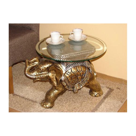 Round glass coffee table decorated with golden elephant figure 45cm