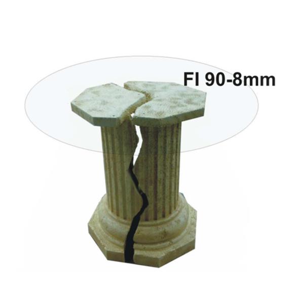 Round glass coffee table decorated with antique greek column with a crack imitation style 75cm