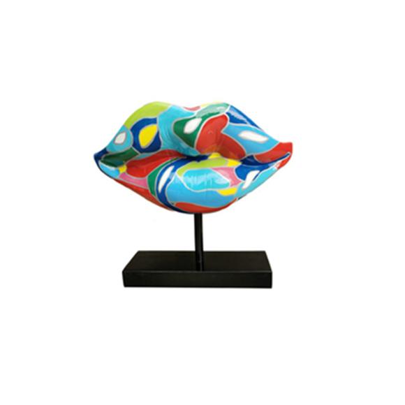 Abstract decorative sculpture designed as a lips in colorful patterns on a black stand 47cm