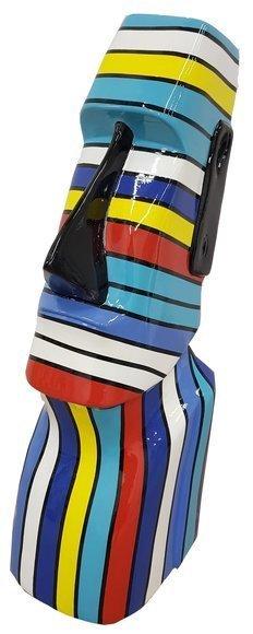 Abstract decorative sculpture designed as a standing moai figure in colorful stripes 75cm