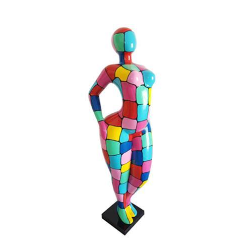 Abstract decorative sculpture designed as gloss lady figure with colorful mosaic patterns 130cm height