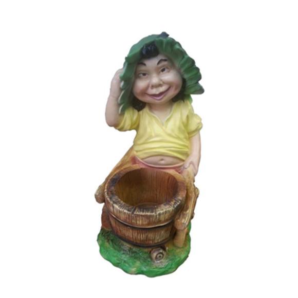 Decorative garden figure designed as a garden dwarf with a wooden bucket 48cm