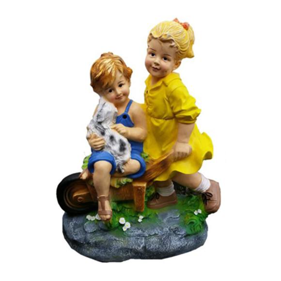 Decor figure designed as girl carrying boy with dog on a wheelbarrow 75cm WG2020 P117