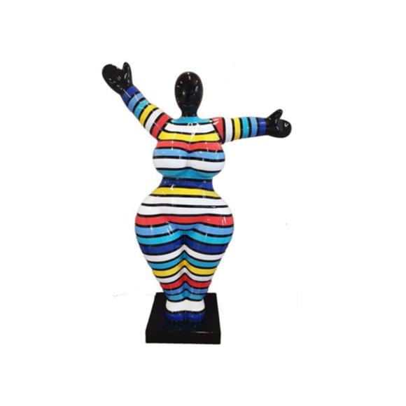 Abstract decorative sculpture designed as a gloss gymnastic figure in colorful blue tones stripes 85cm