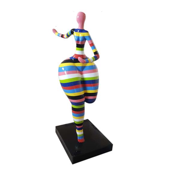 Abstract decorative sculpture designed as a gymnastic figure with colorful stripes on a black stand 130cm