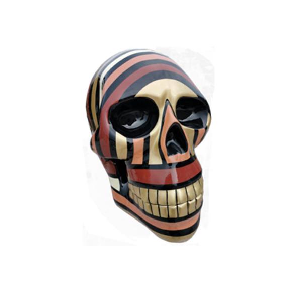 Abstract decorative sculpture designed as a gloss black skull in golden red stripes 66cm