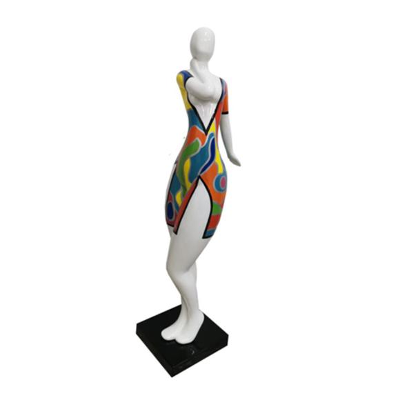 Modern abstract decorative sculpture designed as a white figure in colorful patterns dress 102cm