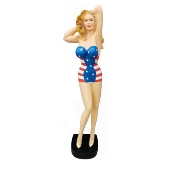 Decorative sculpture designed as blond woman in american style colored dress 140cm