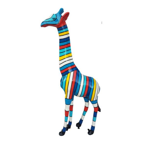 Decorative sculpture designed as colorful gloss giraffe figure with stripes 205 cm height