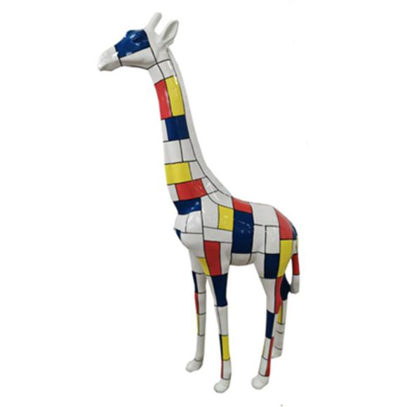 Abstract decorative sculpture designed as white giraffe figure with colorful patterns 205cm height