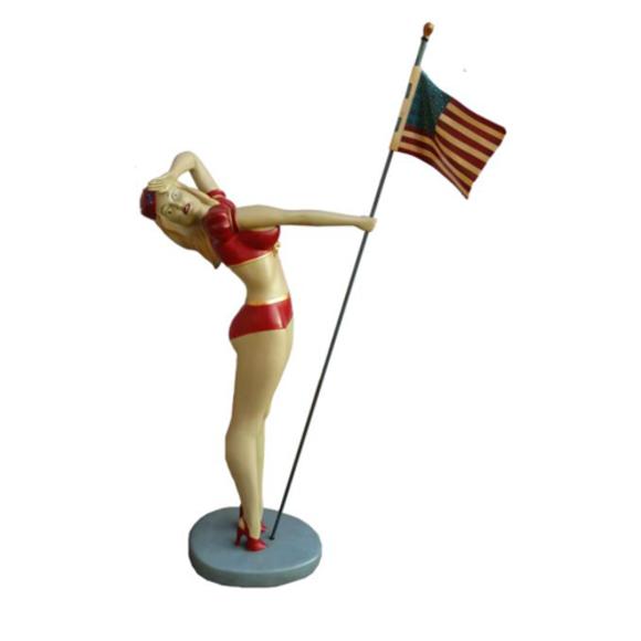 Decorative sculpture designed as blond woman dancer with an american flag 110cm