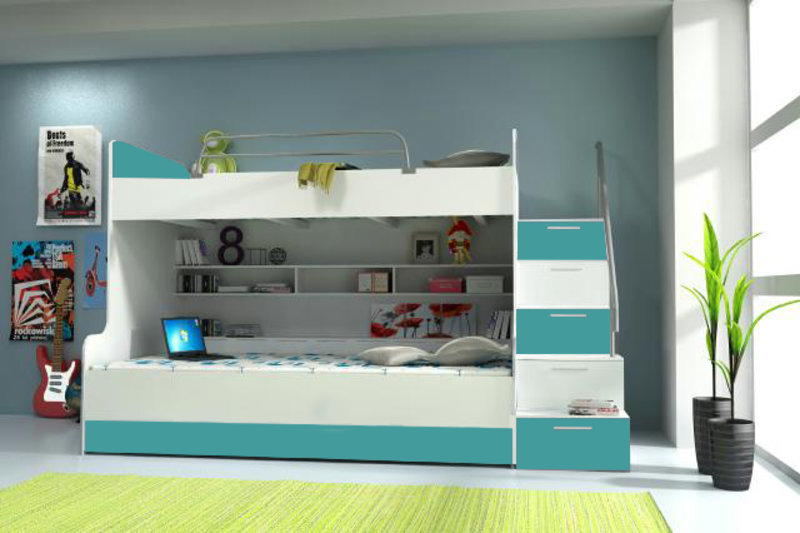 Double Bunk Bed Bunk Bed Cot Youth Bed Loft Bed RAJ2 Turquoise/White