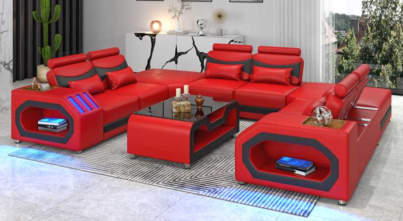 Design living area large sofa XXL U shape corner sofa leather sofa red LED